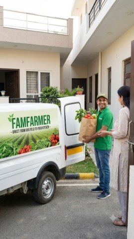 Fam Farmer delivery at your doorstep — fresh vegetables handed to customer from the branded van