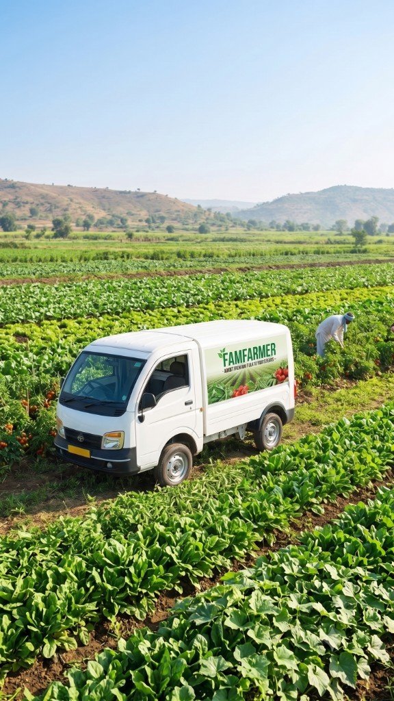 Fam Farmer delivery van at the farm in the vegetable fields