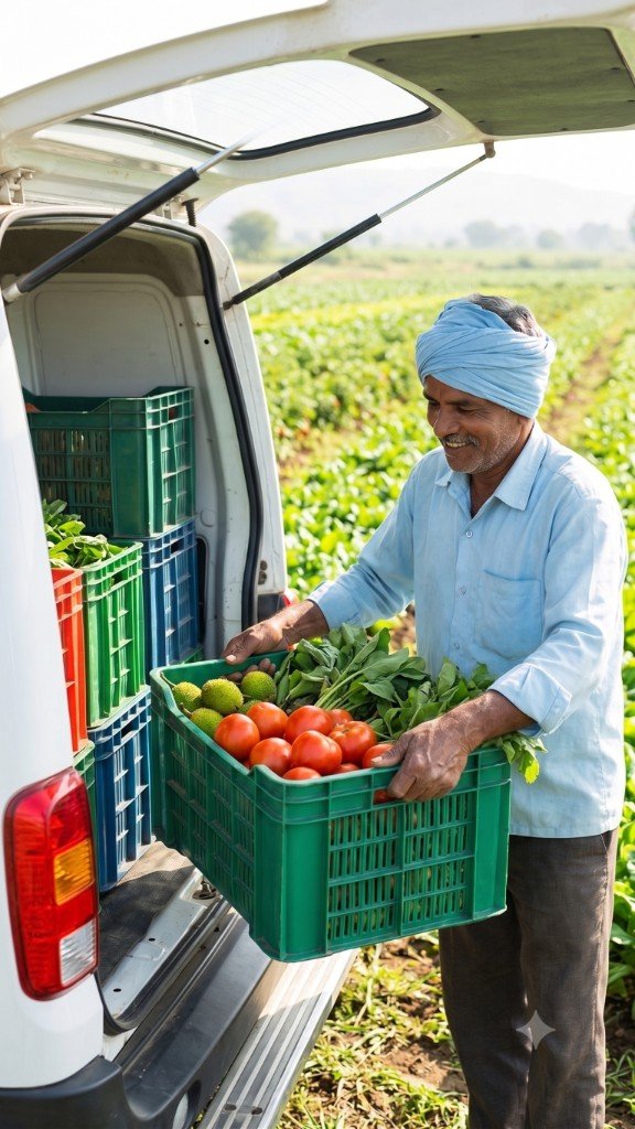 Farmer loading a crate of fresh tomatoes and greens into the delivery van